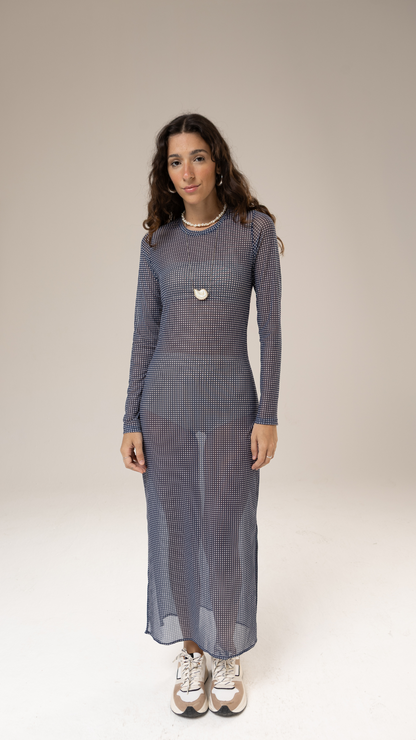 Vestido Manga Longa Tule | Print Mini Vichy Blue