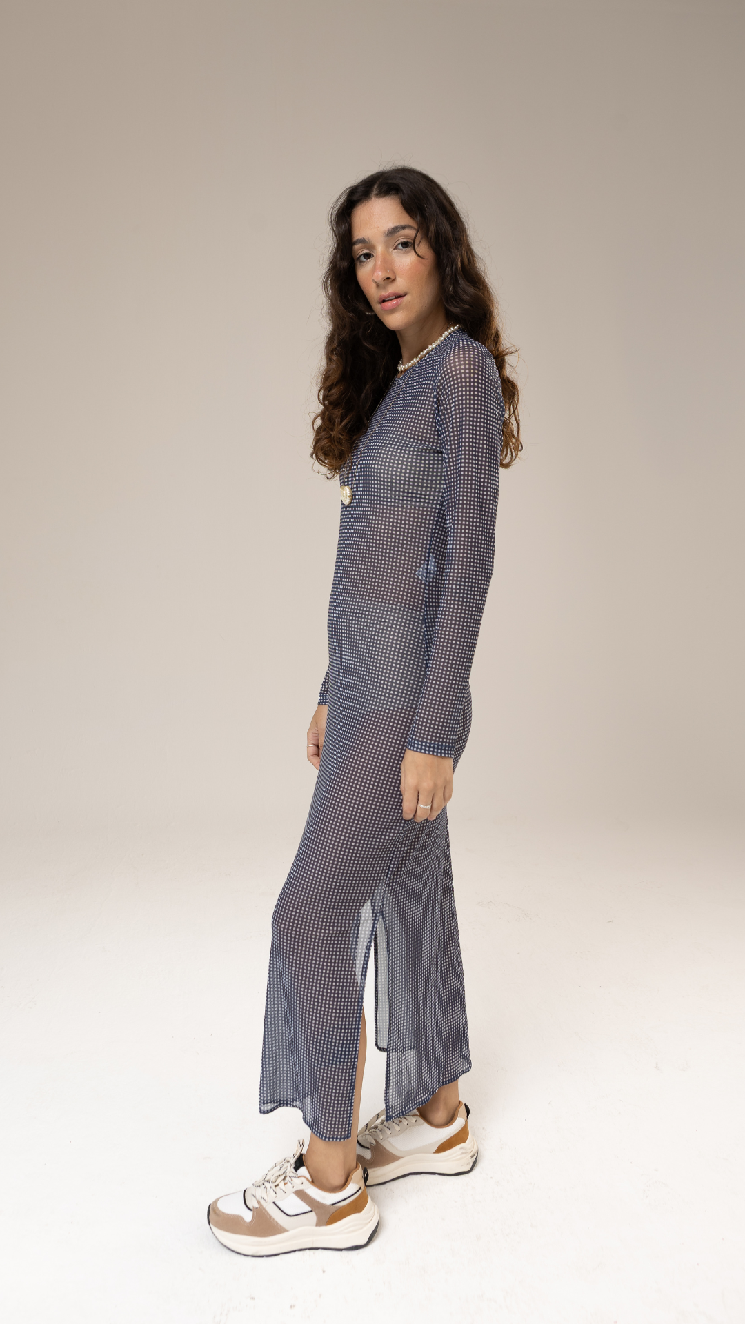 Vestido Manga Longa Tule | Print Mini Vichy Blue